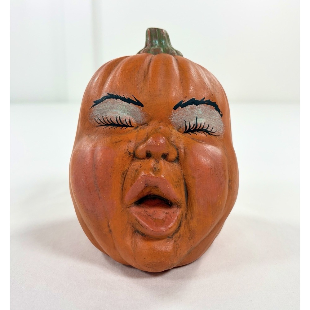 Vintage Yawning Glam Diva Pumpkin Head 5" Anthropomorphic Creepy Halloween Decor